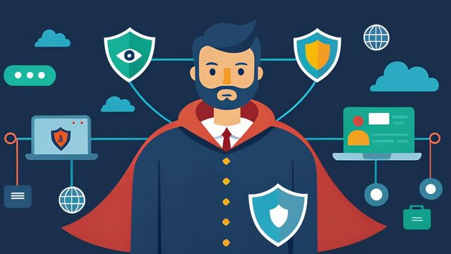 A network security gatekeeper equipped with advanced intrusion detection systems to defend against external threats.. 2d flat cartoon