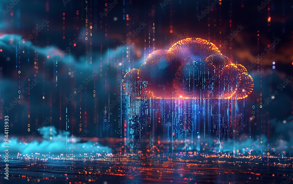 Poster Binary code falling from cloud, highlighting data tech