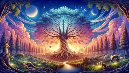 Dreamlike Enchanted Tree Under Moonlit Sky