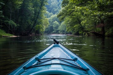 Fototapeta premium Kayak on Tranquil River Surrounded by Lush Greenery