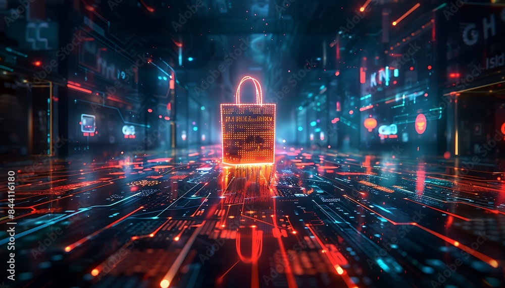 Poster digital landscape with data stream to virtual shopping