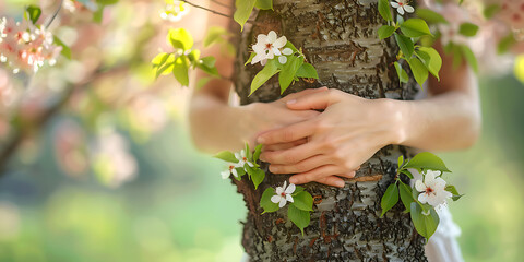 Woman's hands hugging a tree, love of nature