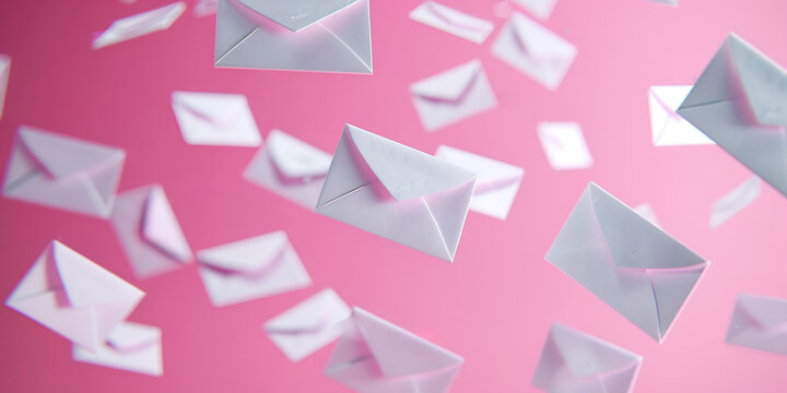 Illustration of paper envelopes falling pink background, concept of receiving various messages - Powered by Adobe