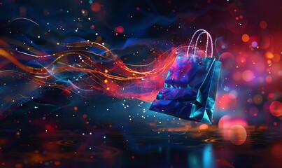 Virtual shopping bag in a digital universe, sparkling vividly