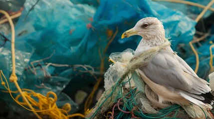 Bird entangled in garbage: Photos of birds entangled in plastic bags or fishing wires, creating a...