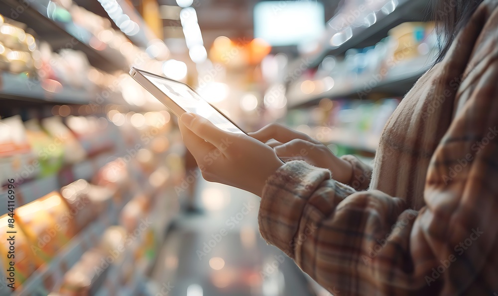 Aufkleber tablet browsing in a retail setting, e-commerce fusion