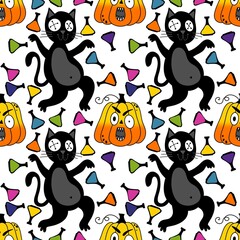 Halloween animals seamless cats and pumpkins pattern for wrapping paper
