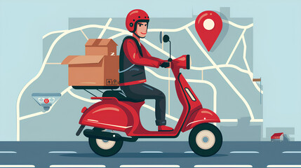 Vector illustration of delivery person on red scooter with map icon background

