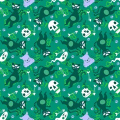Halloween animals seamless cats and pumpkins pattern for wrapping paper