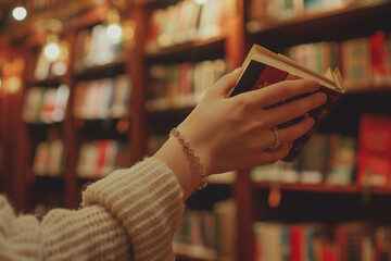 A woman's wrist with a dainty bracelet, holding a book in a cozy library.