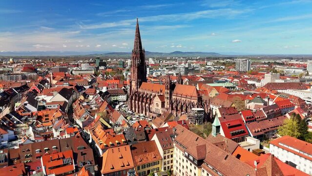 Aerial view of the city of Freiburg im Breisgau in Germany.