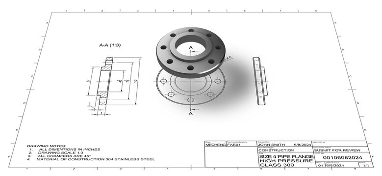 A technical drawing of a welded pipe flange with a 3d view