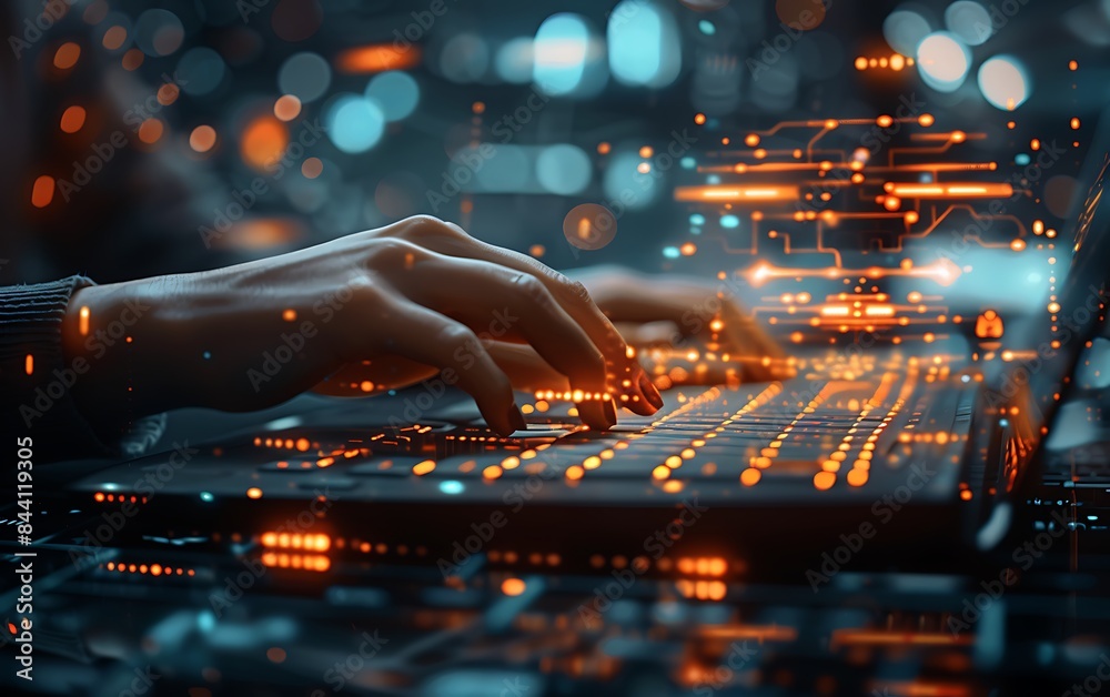 Leinwandbilder cybersecurity developer typing with glowing graphics