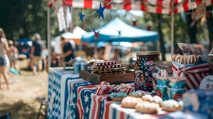 Red, white, and blue decorations cover stalls while vendors sell patriotic crafts and goods.