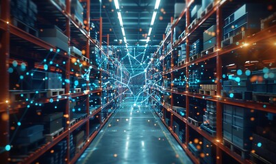 Hologram of supply network in a bustling warehouse