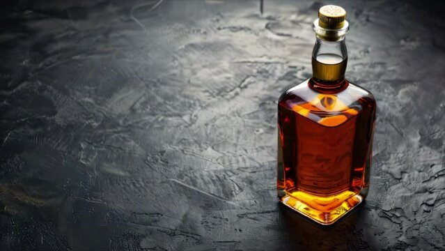 Scotch whiskey or brandy bottle, alcohol drink isolated on black table with copy space