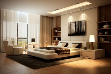 Fototapeta premium Elegant bedroom featuring contemporary furniture, cozy lighting, and a serene ambience