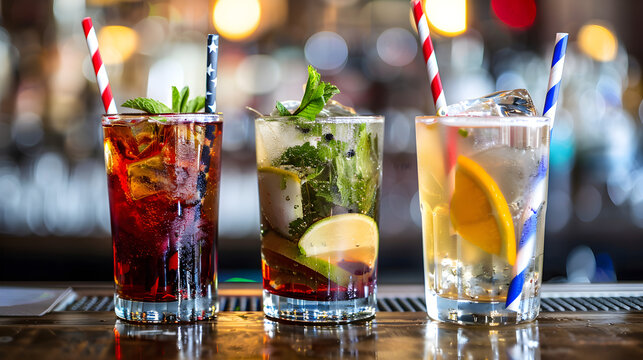 Participants dressed in red, white, and blue enjoy a patriotic pub crawl through local establishments.