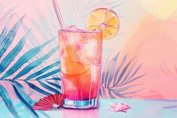 a summer cocktail in a glass with a summer holiday in it pastel background delicious refreshing refreshment party drink illustration