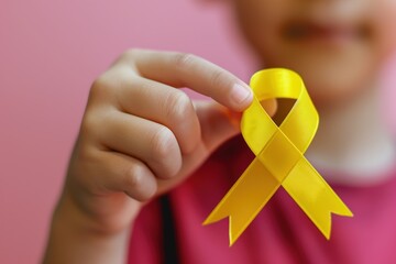 Close-up of a child holding a yellow awareness ribbon against a pink background