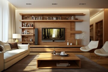 Fototapeta premium Stylish living room interior featuring elegant furnishings and warm lighting