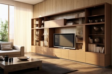 Elegant living room design featuring a sleek wooden entertainment unit and cozy seating area