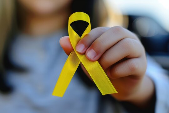 Close-up of a child holding a yellow awareness ribbon