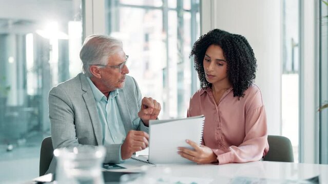 Accounting, meeting or business people with mentor or paperwork for economy, teamwork or research. Talking, manager or financial advisors in conversation, discussion or collaboration for documents