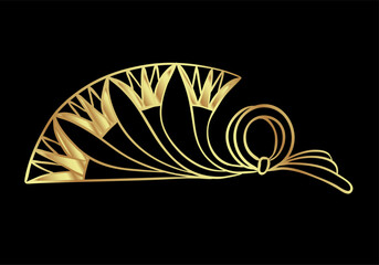 Egyptian floral design element set in gold isolated on white. Art deco style. Lotus flower, vector sign, symbol, logo illustration. Spirituality, occultism, chemistry, flower tattoo.