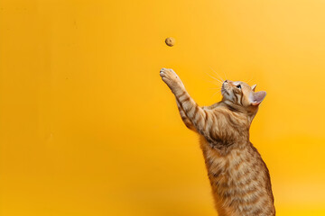 Stock minimalist photography of a cat trying to catch food in the air on a yellow background with studio lighting