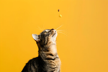 Stock minimalist photography of a cat trying to catch food in the air on a yellow background with studio lighting