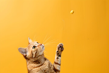Stock minimalist photography of a cat trying to catch food in the air on a yellow background with studio lighting