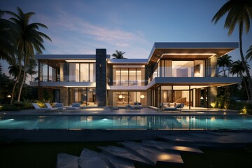 Fototapeta premium Exquisite modern villa with a lit swimming pool during evening hours, showcasing architectural elegance