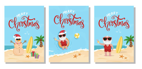 Set of Christmas at the beach, holidays cards. Merry Christmas vector illustrations with Santa.