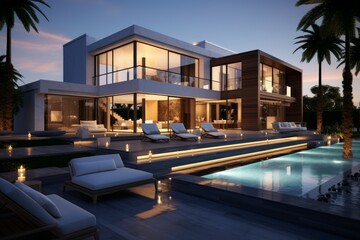 Fototapeta premium Breathtaking modern villa with illuminated interior and poolside at dusk