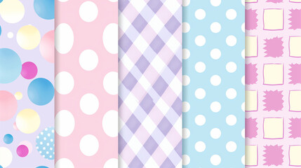 A collection of five seamless pastel-colored patterns: blue and white houndstooth, pink and blue diagonal stripes, purple polka dots, colorful diagonal dots on white, and pink gingham check