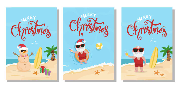 Set of Christmas at the beach, holidays cards. Merry Christmas vector illustrations with Santa.