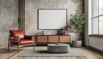 Industrial living room featuring colorful touches and minimalist design