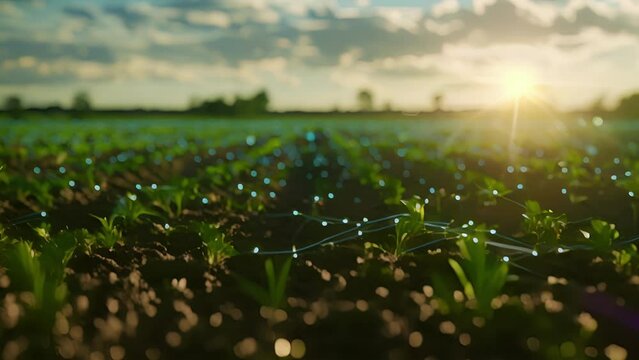 A series of sensors are strategically p throughout a field collecting vital data on soil moisture and nutrient levels.