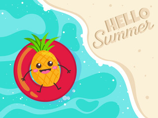 Hello Summer Pineapple Poster On The Beach With Swim Ring