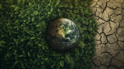 Dry and green sides of the earth: A contrasting image of one half of the earth covered with green plants and the other half dried out and lifeless