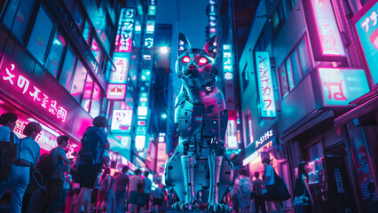 Futuristic Feline: A Robotic Cat in a Neon-Lit Metropolis