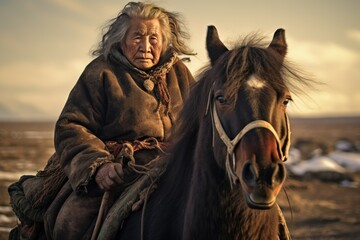 Fototapeta premium Portrait of an aged nomadic woman riding a horse at sunset, showcasing cultural heritage
