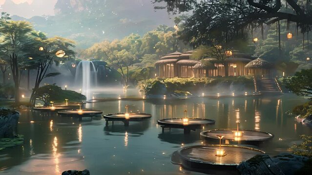 As you step onto the buoyant walkway the aroma of freshly brewed tea fills the air. The tea garden floats peacefully on a tranquil lake with small manmade waterfalls designed to mimic