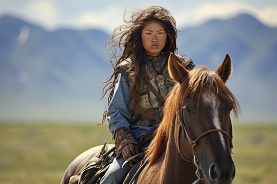 A young woman in ethnic mongolian clothing confidently rides her horse across the grassland with mountains in the background