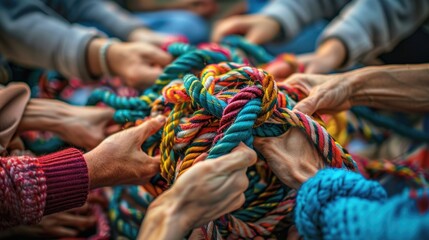 Many peoples hands working together to untangle a knotted rope. Business teamwork