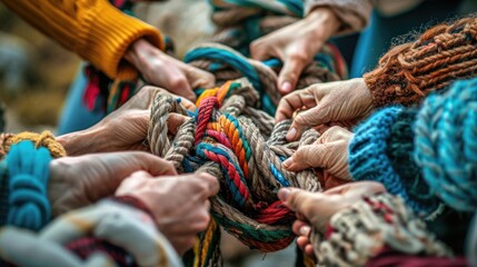 Many peoples hands working together to untangle a knotted rope. Business teamwork