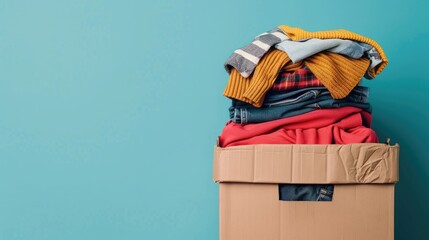 Close up image of clothing filled donation box on a blue background