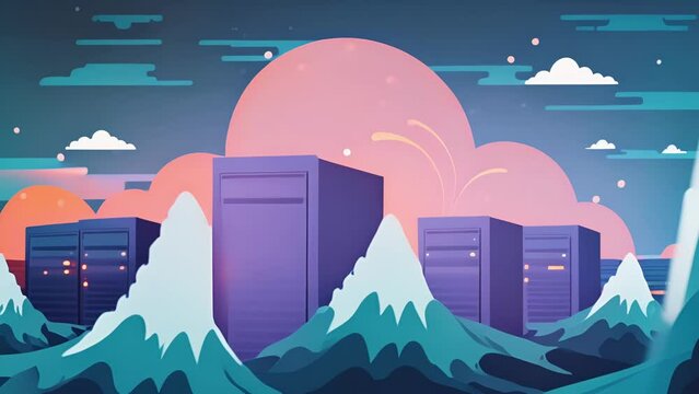 A digital ocean with waves of data crashing against the shore of a vast mainframe where machine learning algorithms are constantly evolving through the constant influx of data. 2d flat cartoon