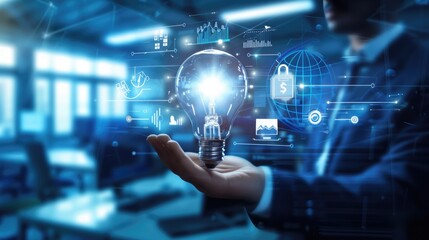 Procurement management concept: Hand holding bulb idea of sourcing and acquiring materials, products, and services from suppliers to meet the organization's needs